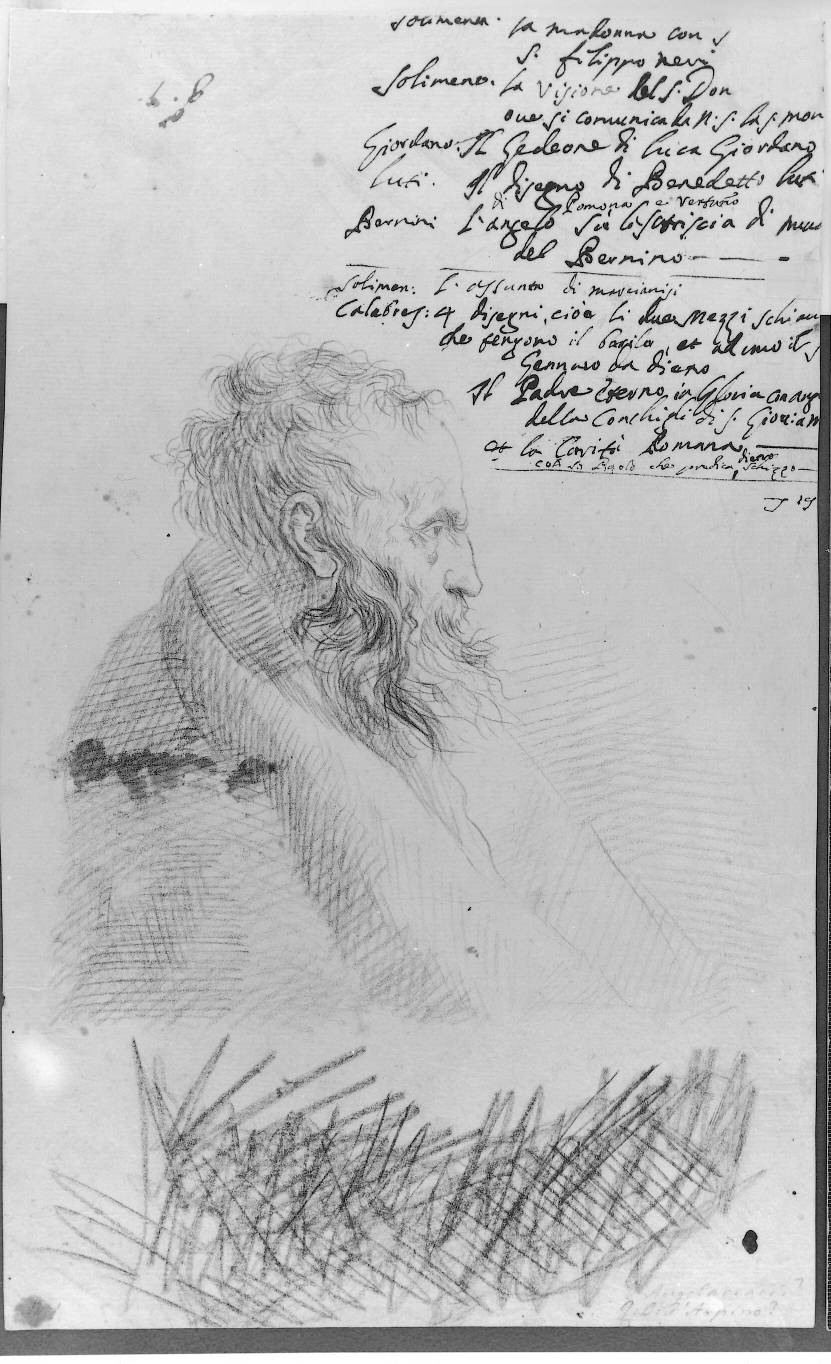 En mands hoved i profil vendt mod højre og en stående figur som er streget over